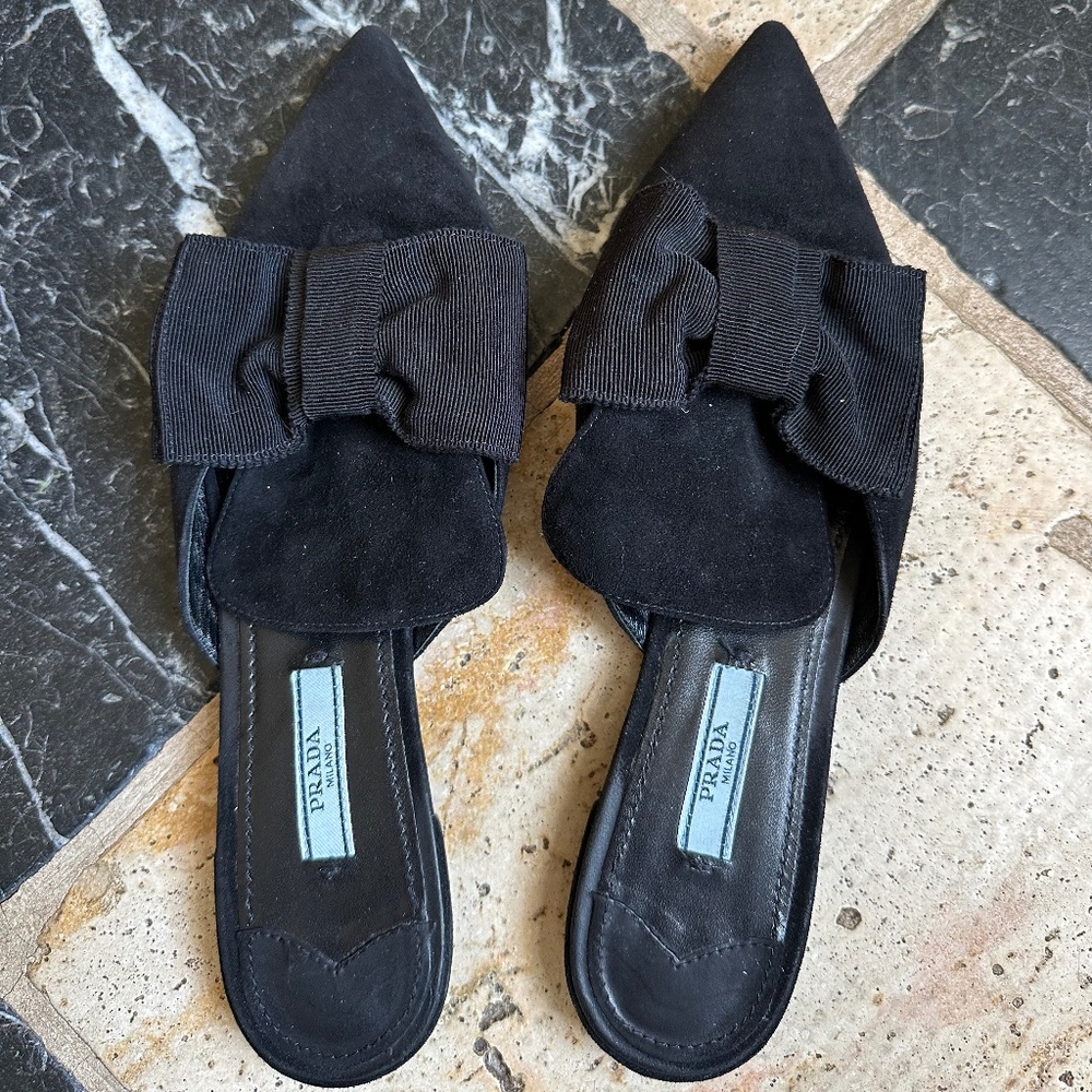 Prada Velvet & Bow Point-Toe Mule Slides